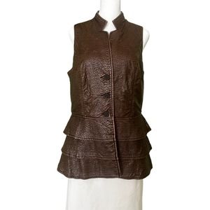 V Cristina Size L Faux Pebbled Leather Brown Tiered Vest